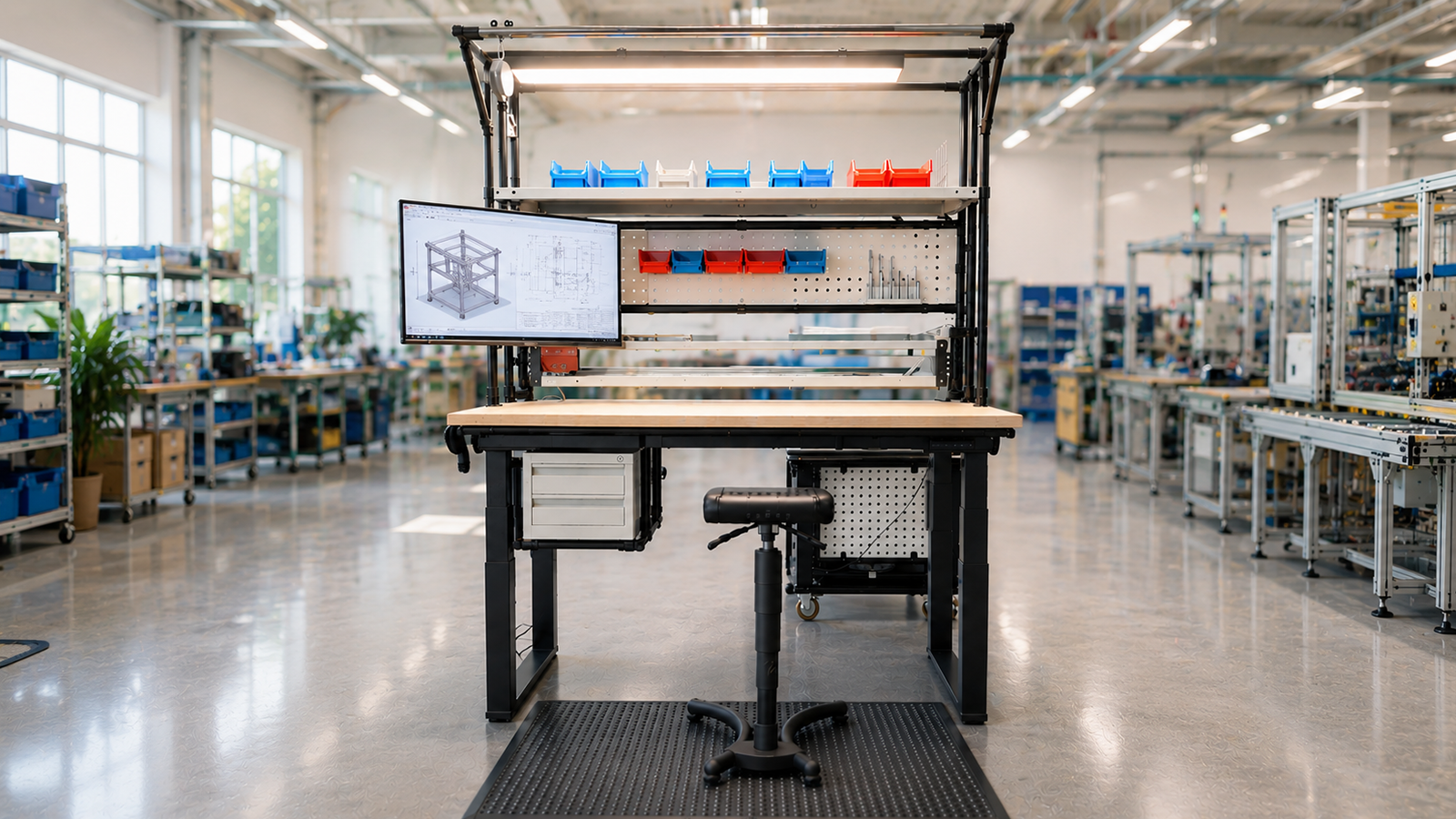 Poste de travail de production avec structure modulaire, panneau perforé, bacs et caisson à tiroirs