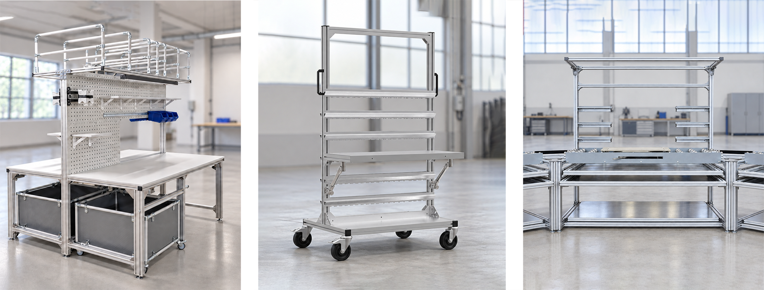 Table de travail, chariot de manutention mobile et table à billes réalisés en profilés d’aluminium