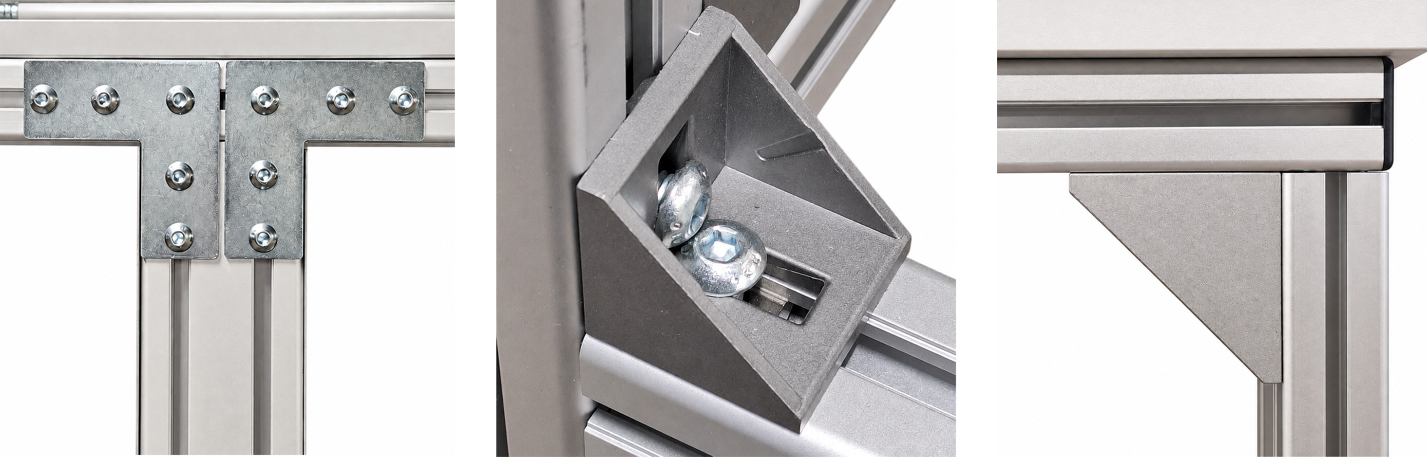 Plaques de liaison, équerres et renforts sur des structures en profilés d’aluminium