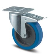 Roue industrielle pivotante bleue avec frein total et plaque de montage (2 modèles)