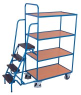 Chariot de préparation de commandes avec marches, 4 étagères