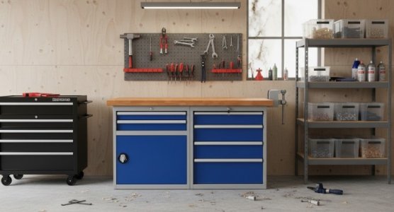 Tables d'atelier avec conteneurs de base