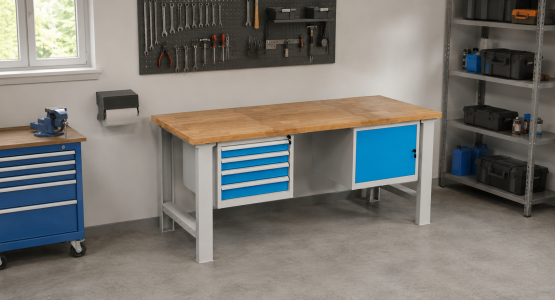 Tables d'atelier avec conteneurs suspendus