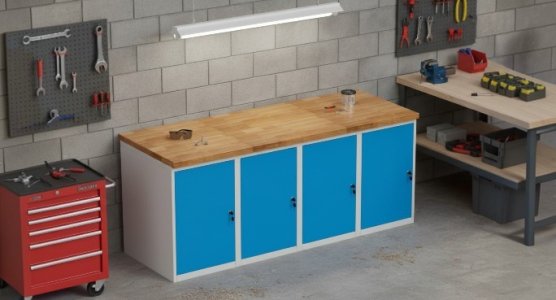Tables d'atelier avec conteneurs de base et plateau en hêtre