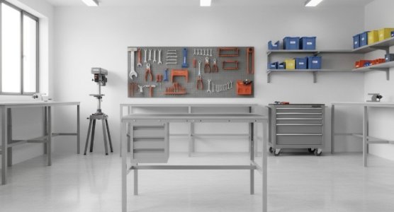 Tables d'atelier avec panneau stratifié et conteneurs suspendus
