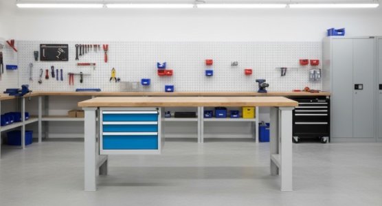 Tables d'atelier avec plateau en hêtre et conteneurs suspendus