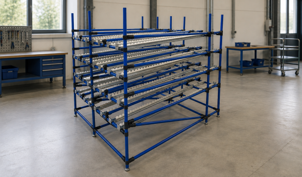 Rack à flux gravitaire constitué d'un système tubulaire