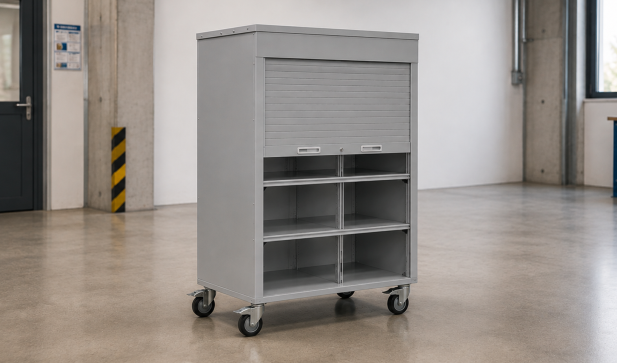 Une aide pratique pour chaque poste de travail : armoire à roulettes avec volet roulant