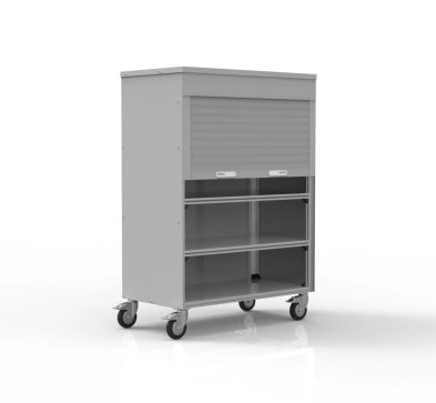 Une aide pratique pour chaque poste de travail : armoire à roulettes avec volet roulant