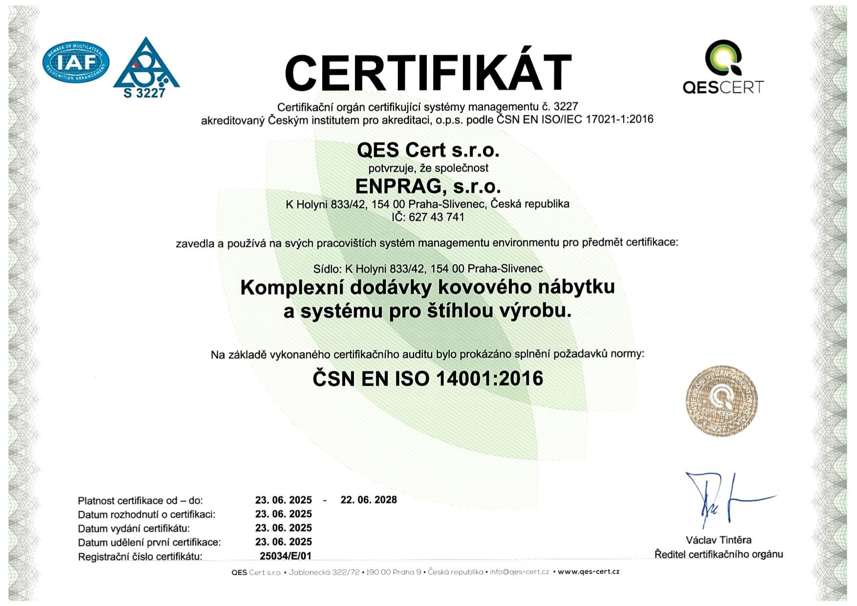 Enprag. s.r.o. a obtenu la certification ISO 14001:2016 pour le système de gestion environnementale (EMS) que nous utilisons améliorer notre impact sur l'environnement et la réalisation d'objectifs durables et, grâce à lui, gérer efficacement les aspects environnementaux de ses activités, produits et services. class=